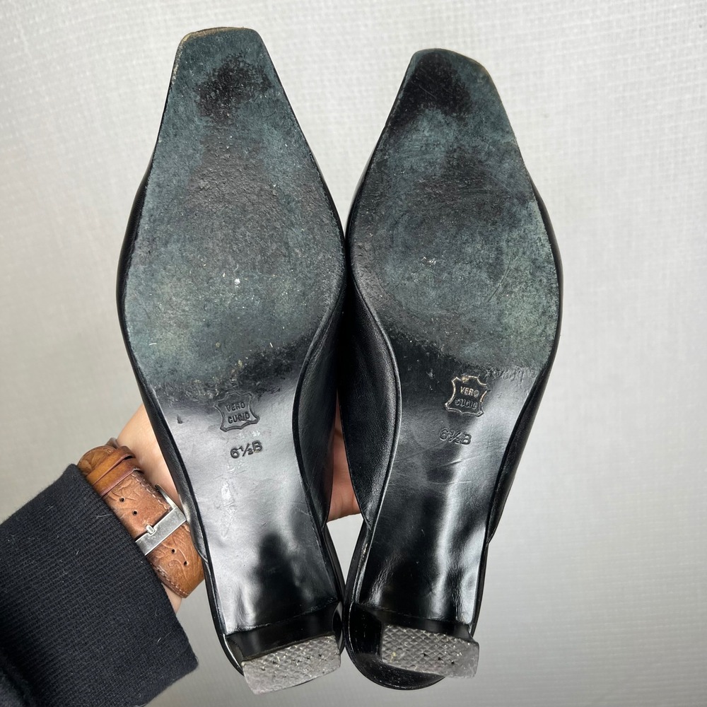 Talbots Leather Vintage Mules Size 6.5 Black Bamboo Detail Heel Square Toe Shoes - Picture 5 of 9